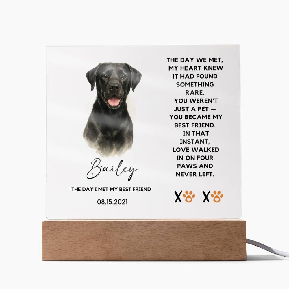 LED sign with a dog's face and personalized text on a white background