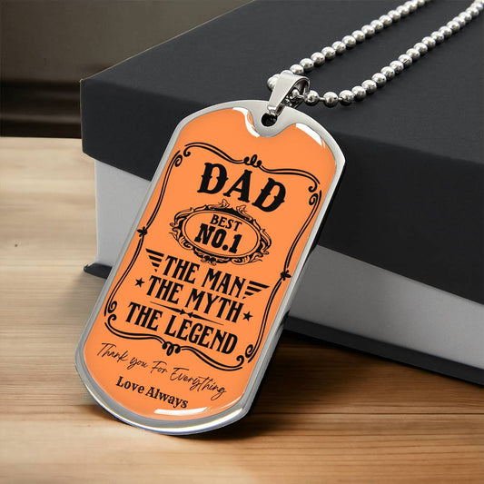Personalized dog tag for dad, featuring the text "The Man with the Legend."