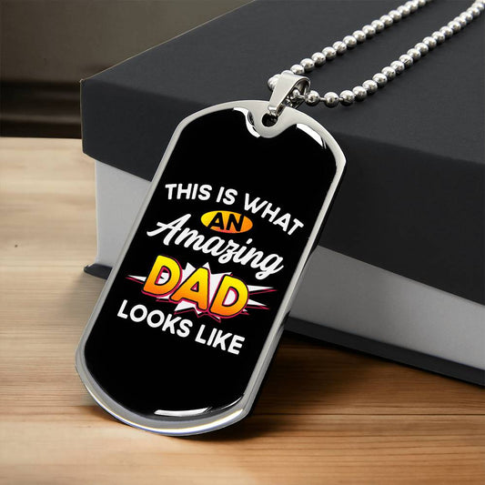 how your appreciation to military dads with this dog tag necklace that says "Amazing Dad."