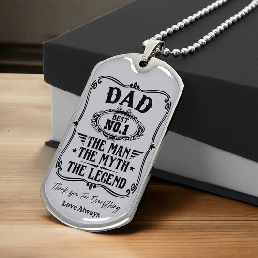 Personalized dog tag for dad, featuring the text "The Man with the Legend.