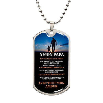 A dog tag bearing the words "mon papa" - a heartfelt gift idea for dad.