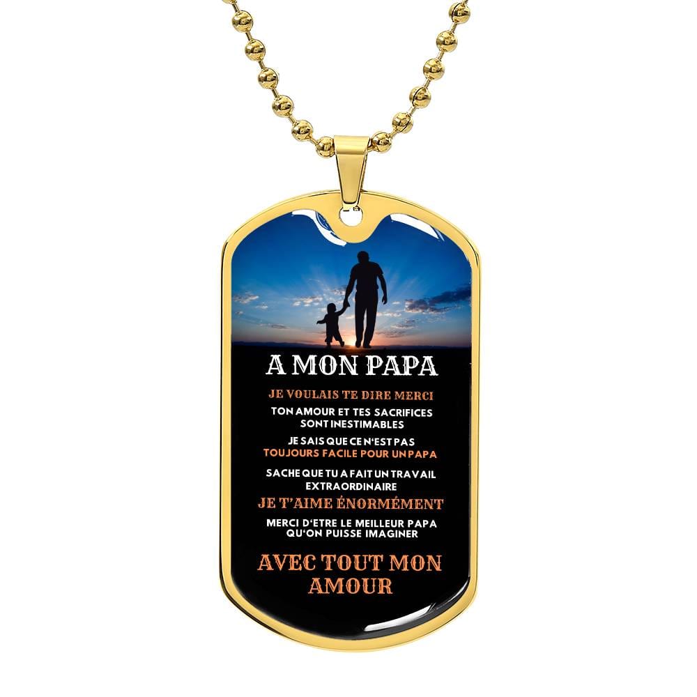 A dog tag bearing the words "mon papa" - a heartfelt gift idea for dad.