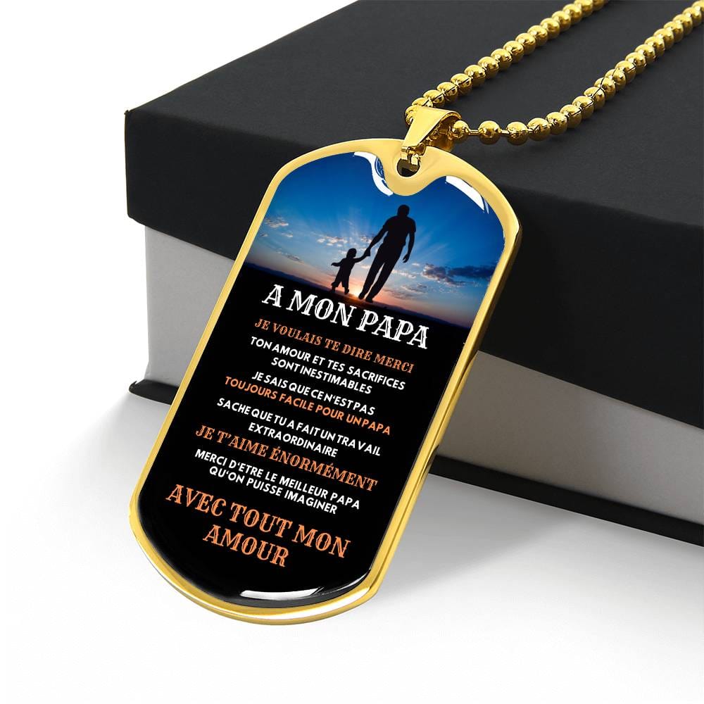 A dog tag bearing the words "mon papa" - a heartfelt gift idea for dad.