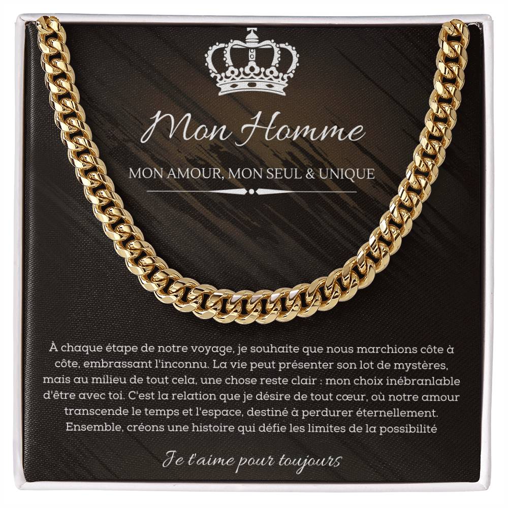 Silver chain necklace displayed on a card with romantic French text and graphics for man