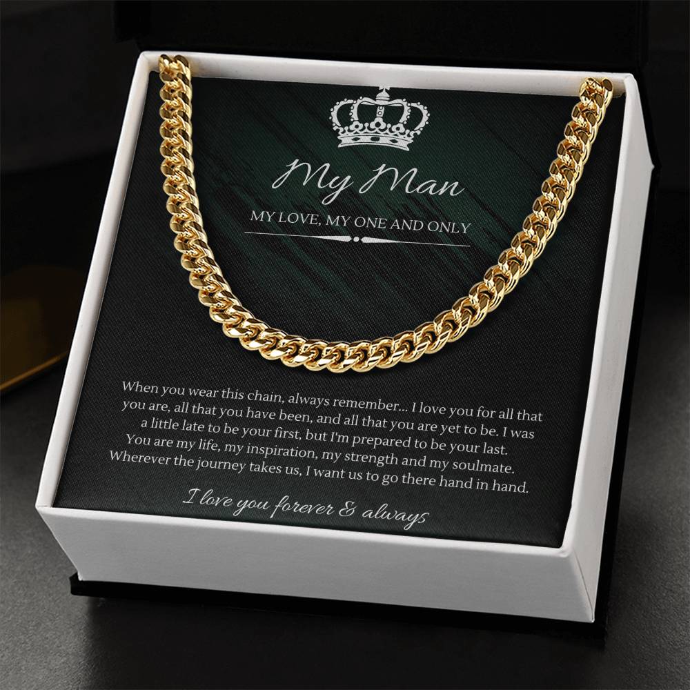 Silver chain necklace displayed on a card with romantic French text and graphics for man