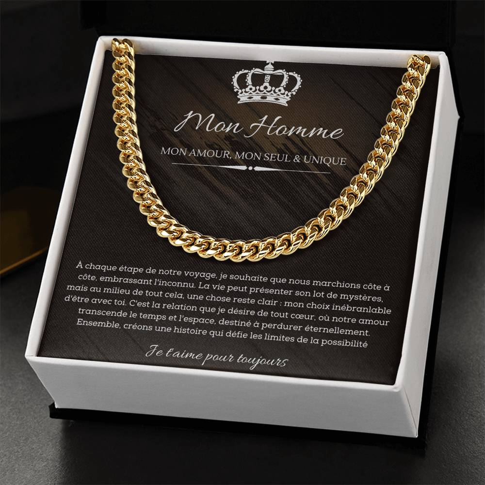 Silver chain necklace displayed on a card with romantic French text and graphics for man