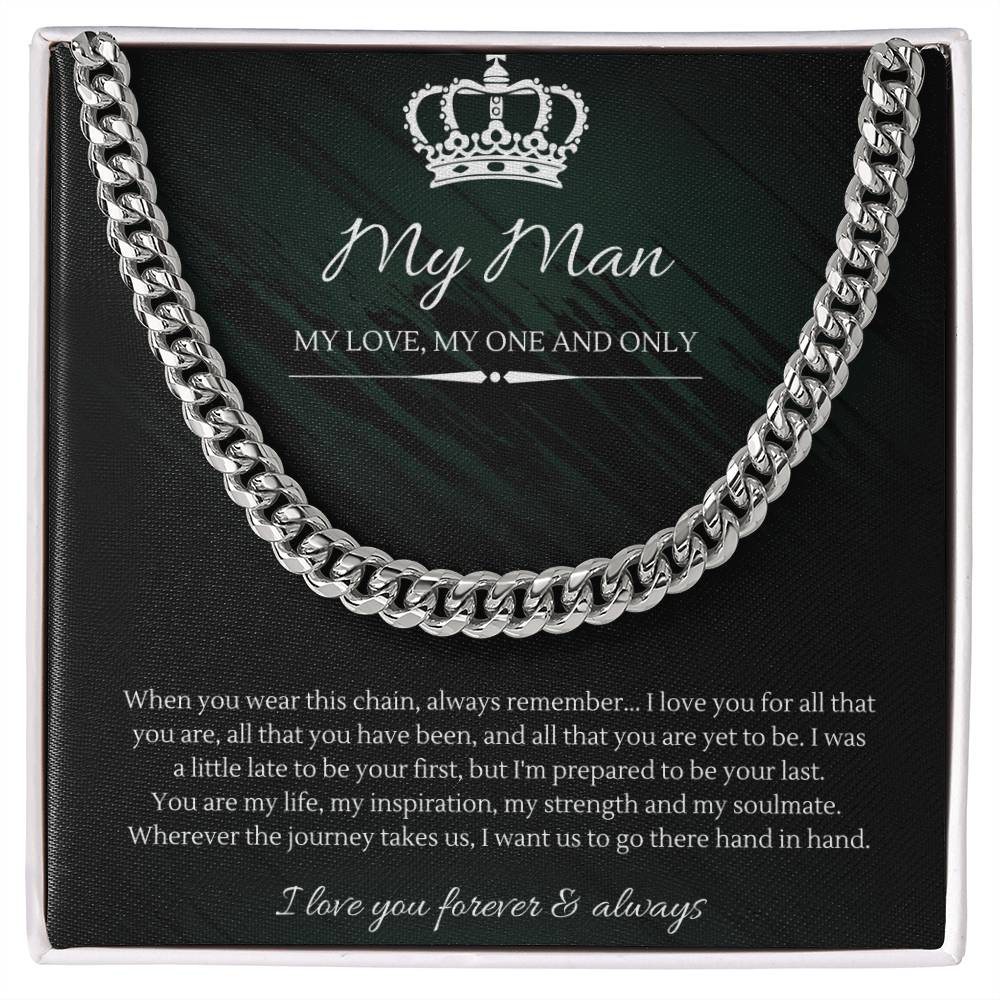 Silver chain necklace displayed on a card with romantic French text and graphics for man