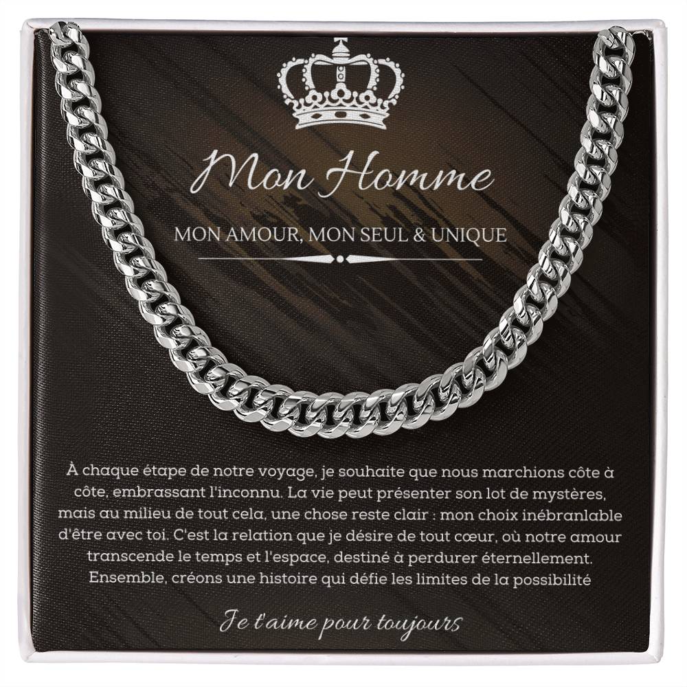 Silver chain necklace displayed on a card with romantic French text and graphics for man