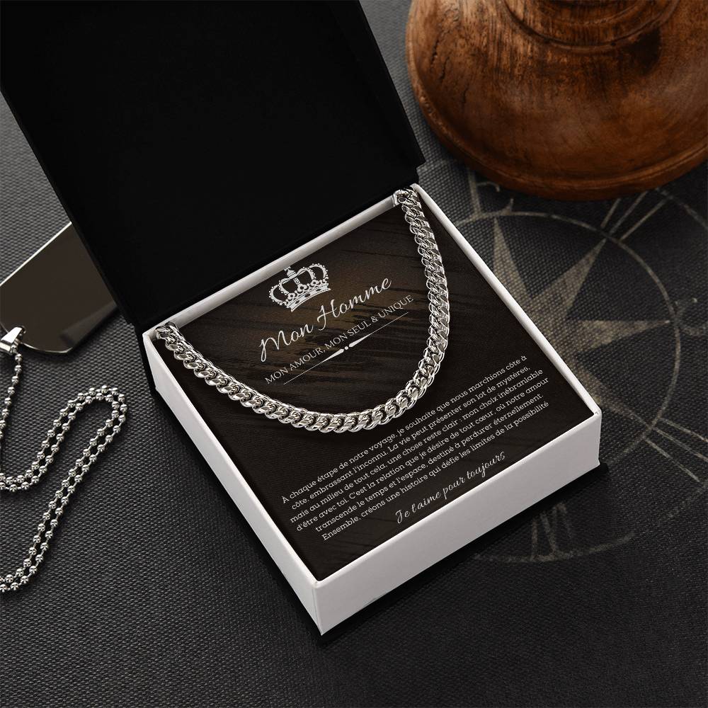 Silver chain necklace displayed on a card with romantic French text and graphics for man