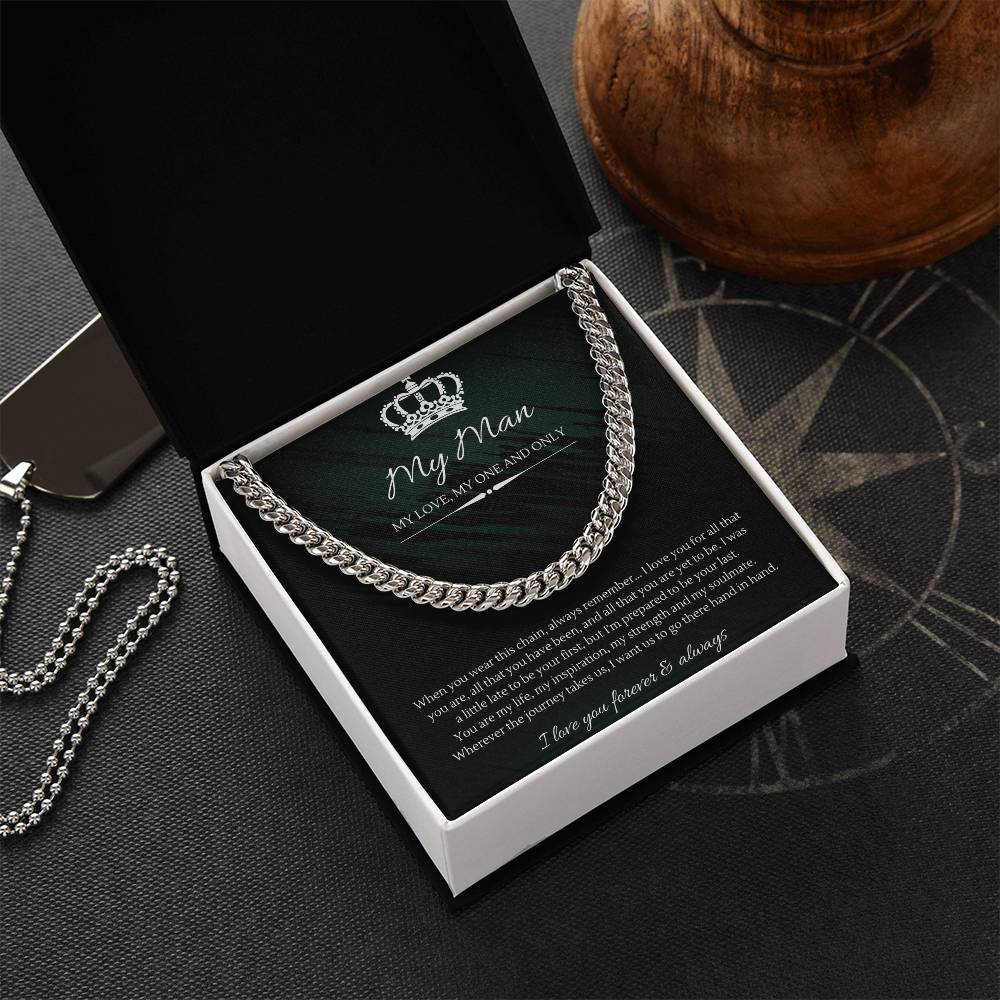 Silver chain necklace displayed on a card with romantic French text and graphics for man