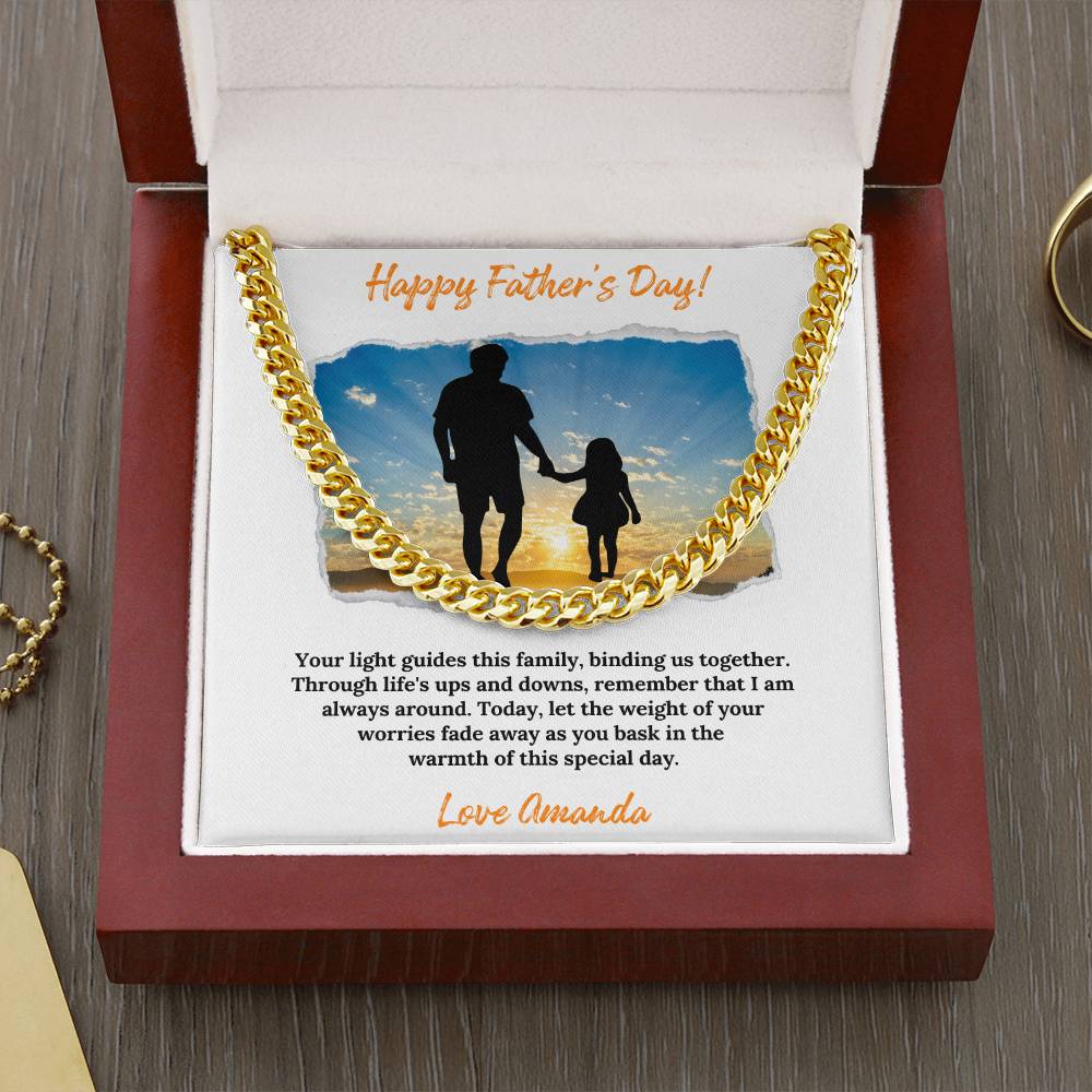 a father's day gift box with a gold chain necklace