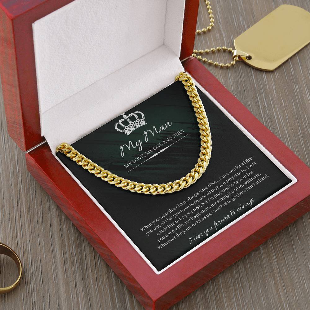 Silver chain necklace displayed on a card with romantic French text and graphics for man