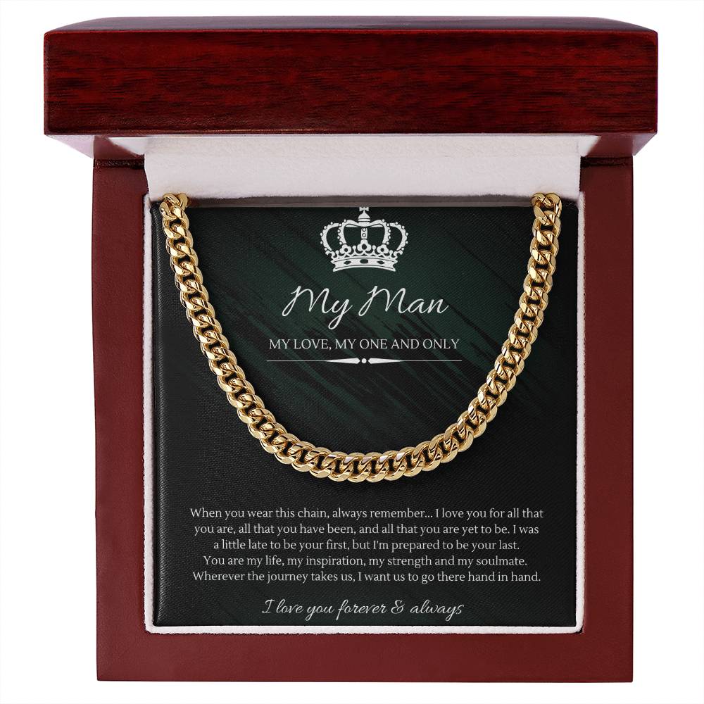 Silver chain necklace displayed on a card with romantic French text and graphics for man