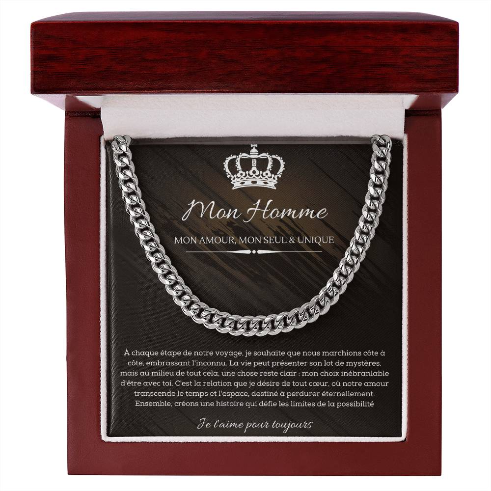 Silver chain necklace displayed on a card with romantic French text and graphics for man