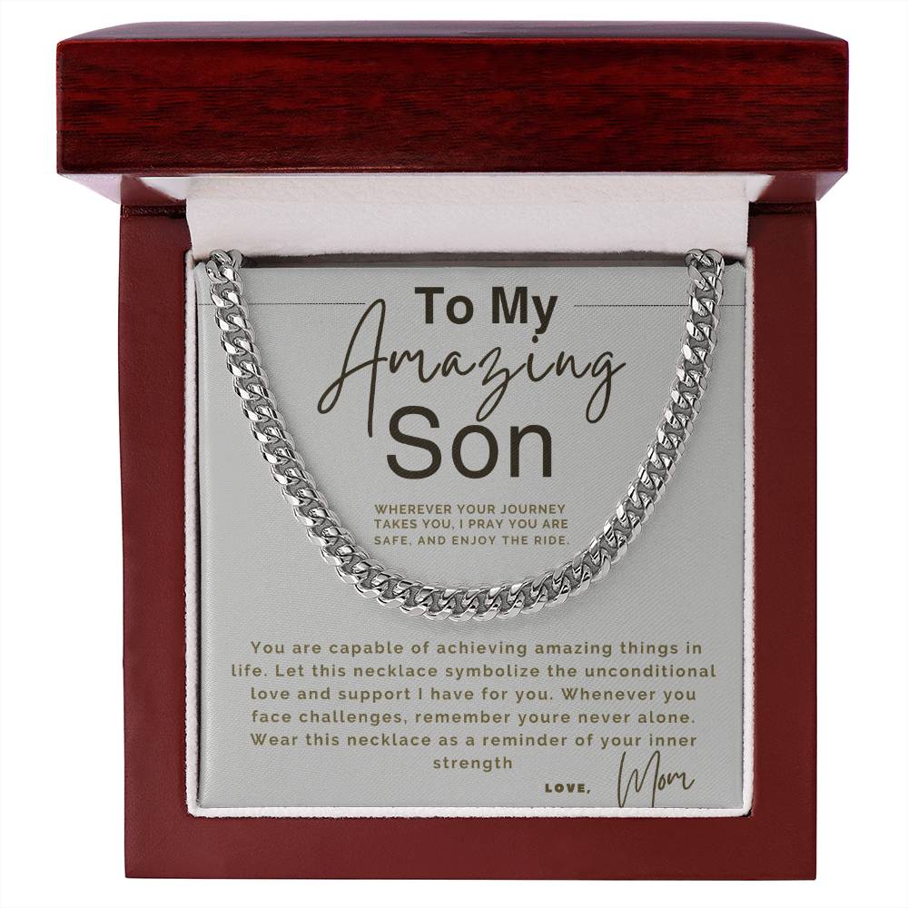  Card with a silver chain necklace and a heartfelt message to a son.