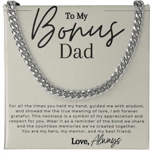 Silver chain necklace with message that reads "to my bonus dad" in elegant script font.