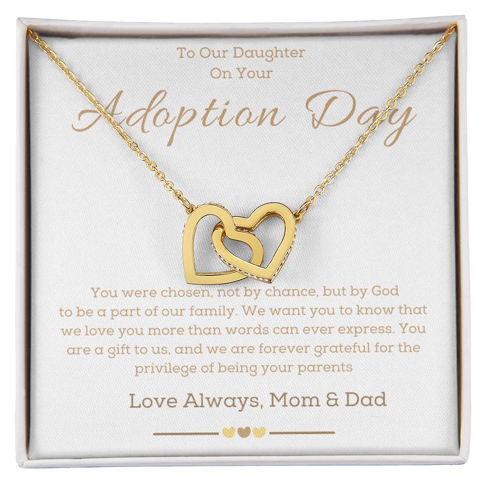 a necklace with two hearts in the middle of it and a message for adoption dedicate to a girl