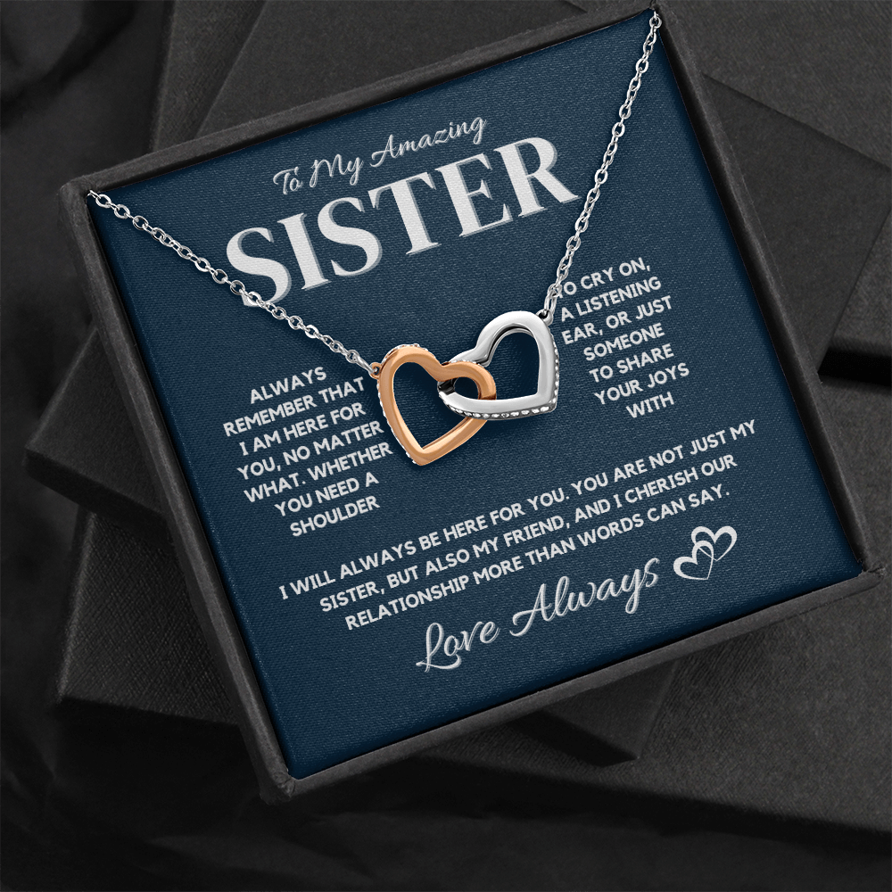 To My Amazing Sister – Interlocking Hearts Necklace with CZ Crystals