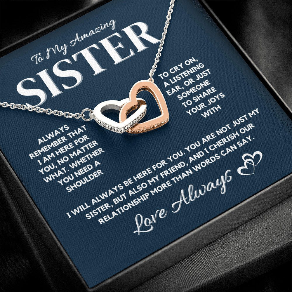 To My Amazing Sister – Interlocking Hearts Necklace with CZ Crystals