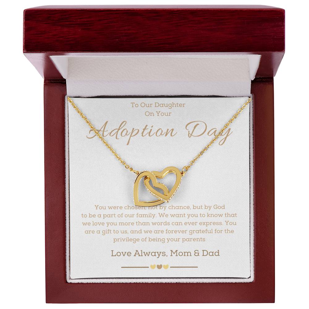 a necklace with two hearts in the middle of it and a message for adoption dedicate to a girl