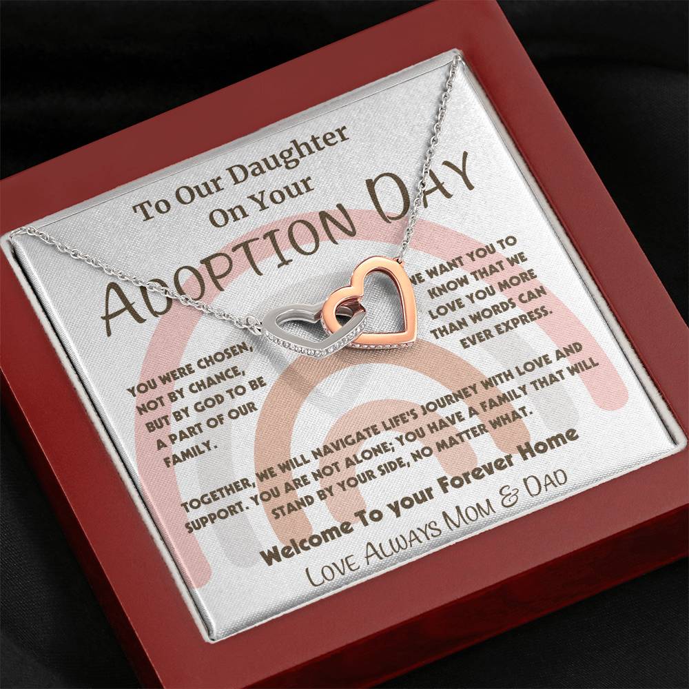 Adoption Day Necklace Gift for Daughter - Intertwined Hearts Pendant with Loving Message, Gold or Silver