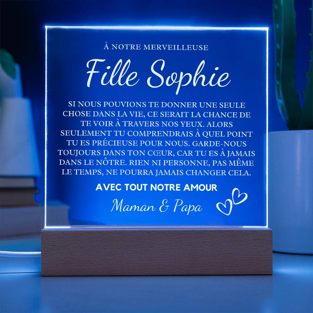 Cadeau Pour Notre Fille | Plaque Acrylique Personnalisée Pour Fille avec Base LED | Message d'Amour de Maman et Papa