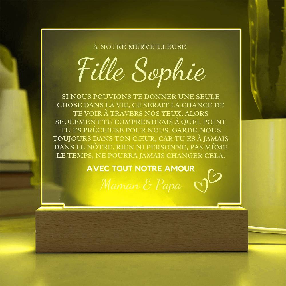 Cadeau Pour Notre Fille | Plaque Acrylique Personnalisée Pour Fille avec Base LED | Message d'Amour de Maman et Papa