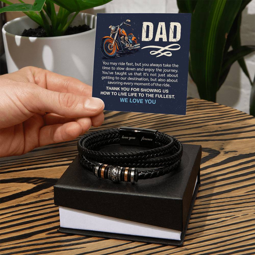 A gift box for a biker dad featuring a Dad Leather Bracelet for birthday or Father's Day, a special gift from us to show our love.