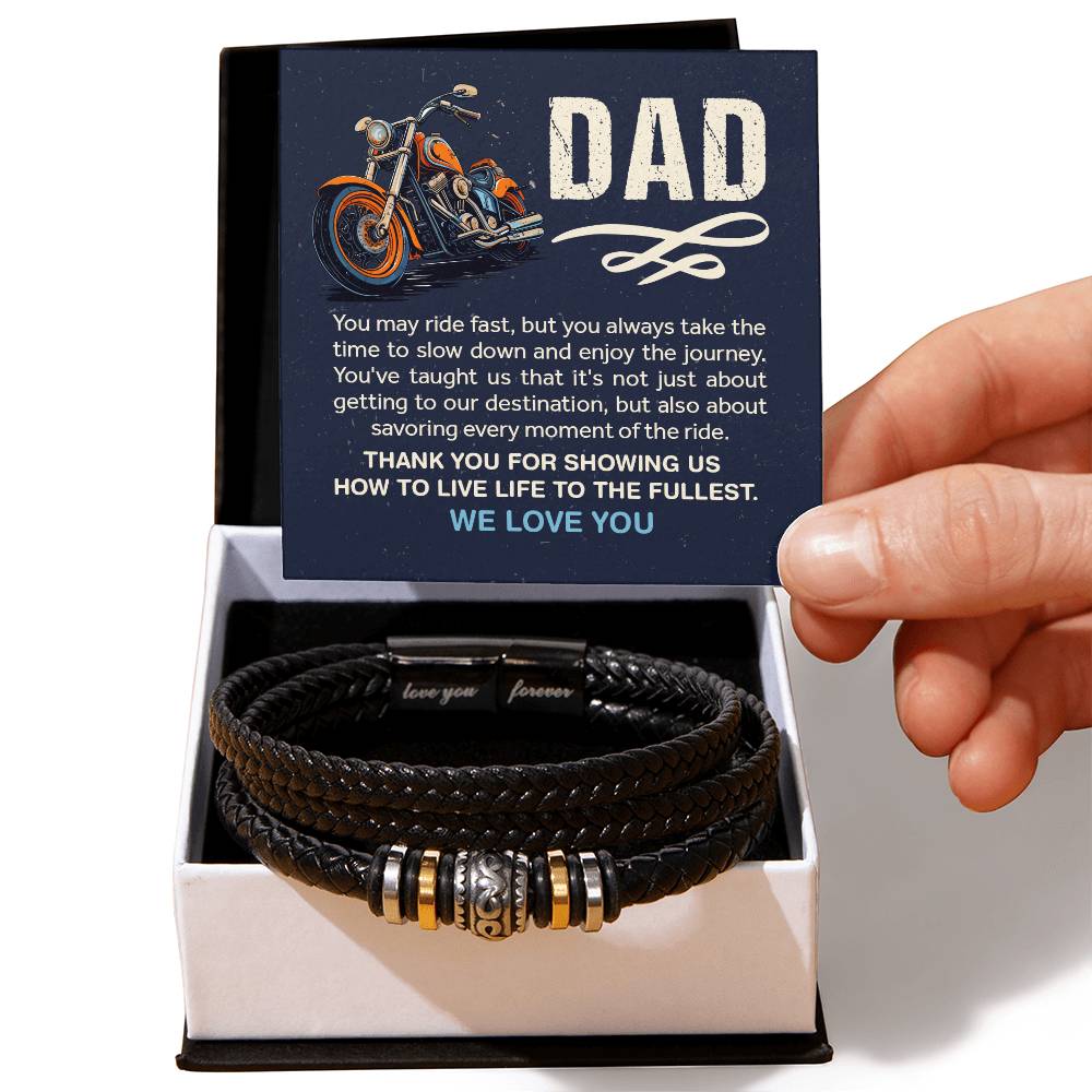 A gift box for a biker dad featuring a Dad Leather Bracelet for birthday or Father's Day, a special gift from us to show our love.