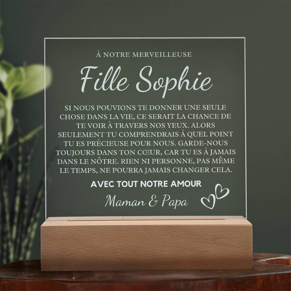 Cadeau Pour Notre Fille | Plaque Acrylique Personnalisée Pour Fille avec Base LED | Message d'Amour de Maman et Papa