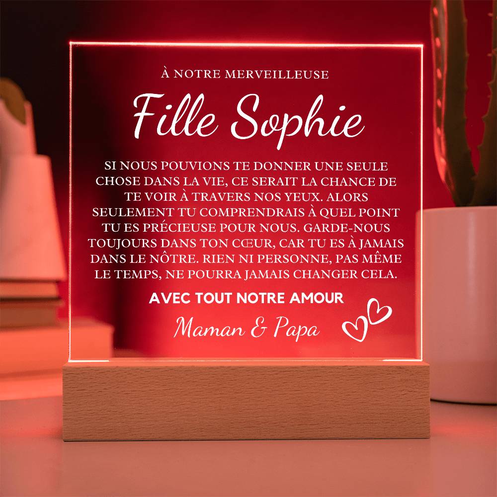 Cadeau Pour Notre Fille | Plaque Acrylique Personnalisée Pour Fille avec Base LED | Message d'Amour de Maman et Papa