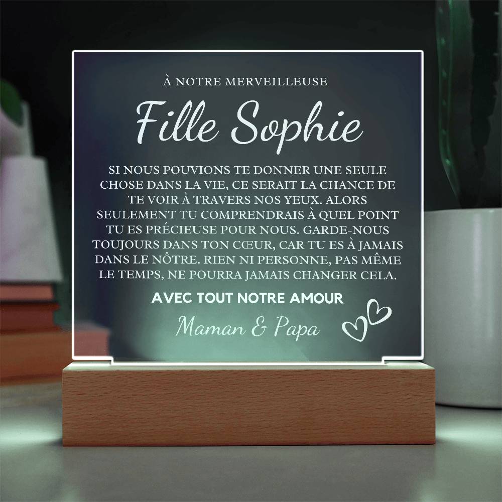 Cadeau Pour Notre Fille | Plaque Acrylique Personnalisée Pour Fille avec Base LED | Message d'Amour de Maman et Papa