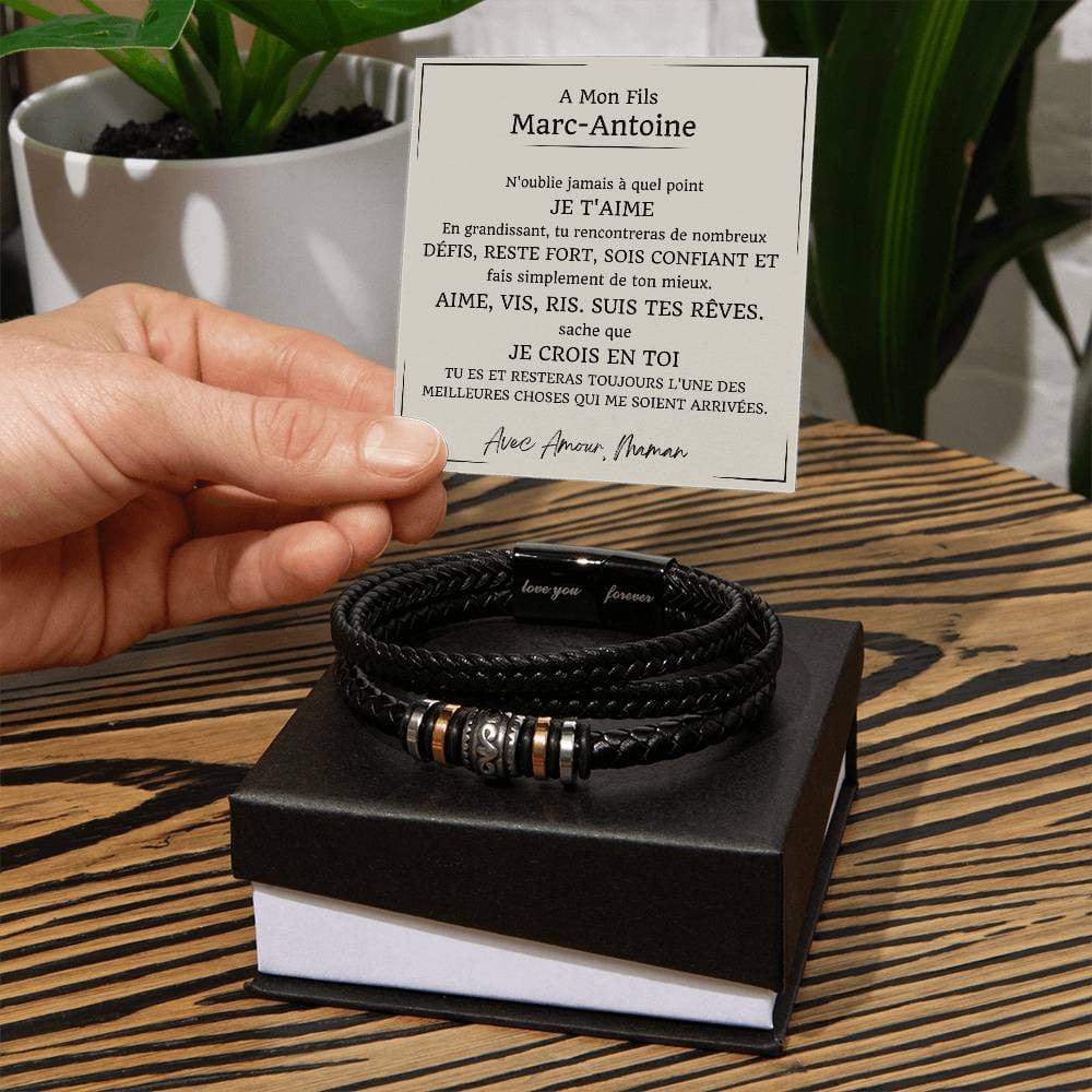 Cadeau pour Fils  - Bracelet Tressé en Cuir avec Message Émotionnel