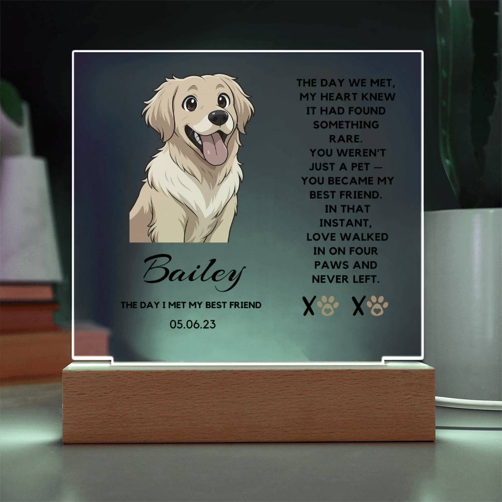 Personalized dog memorial with a cartoon dog illustration and text on a dark background.
