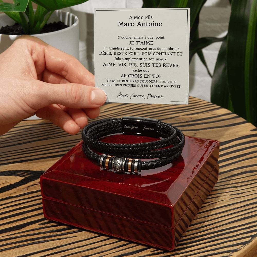 Cadeau pour Fils  - Bracelet Tressé en Cuir avec Message Émotionnel