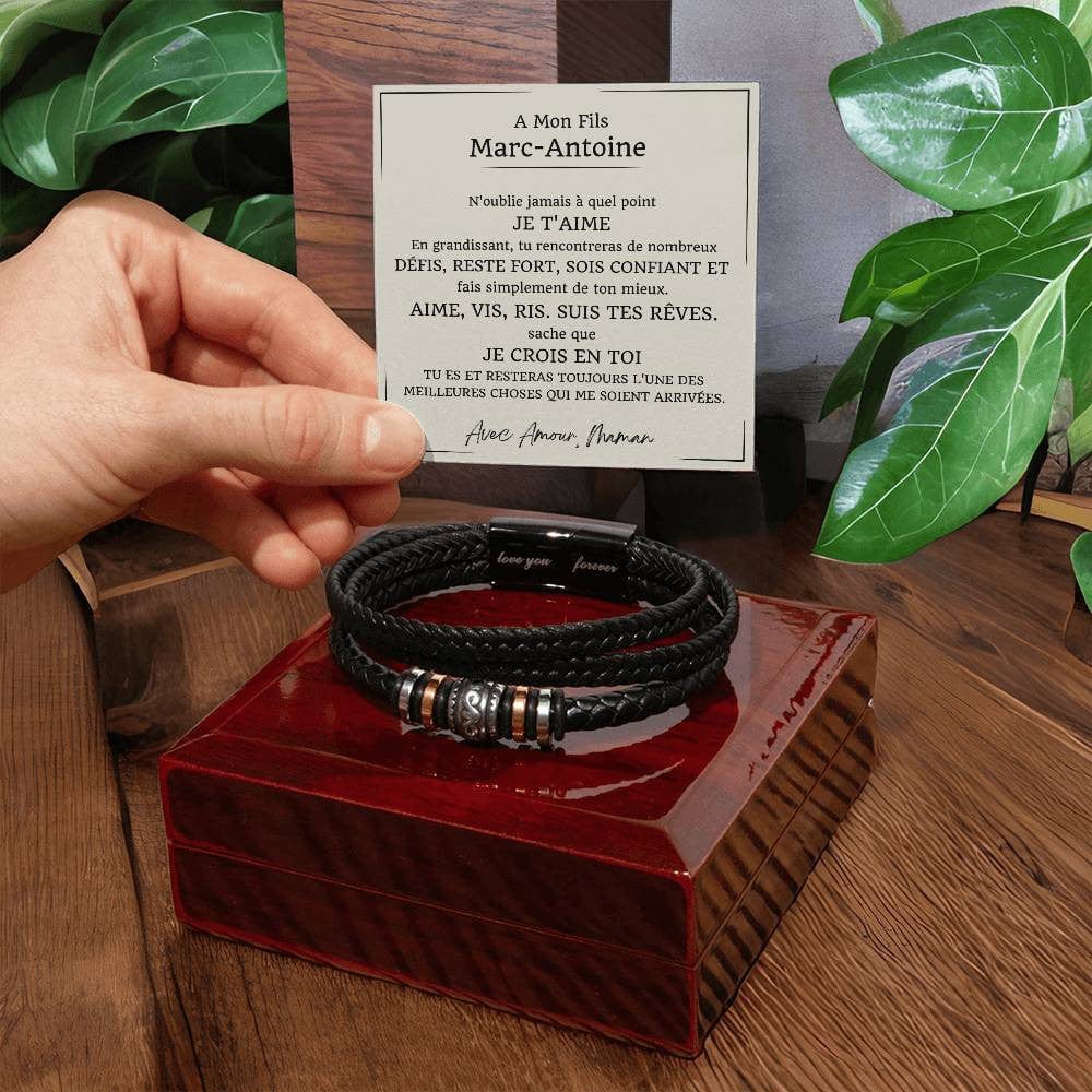 Cadeau pour Fils  - Bracelet Tressé en Cuir avec Message Émotionnel