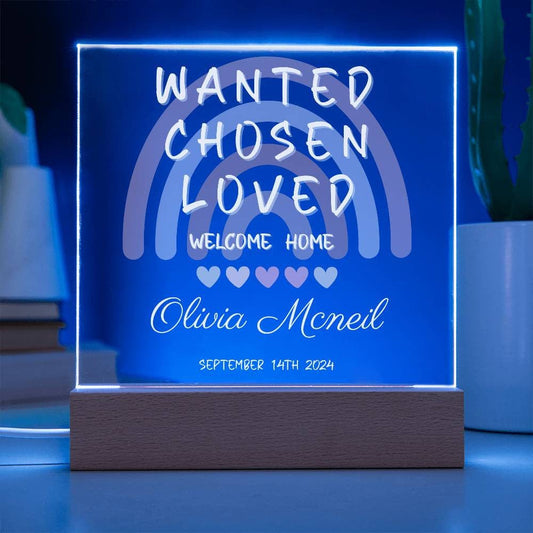 Customizable Adoption Plaque - Wanted, Chosen, Loved - Rainbow Design with LED Base