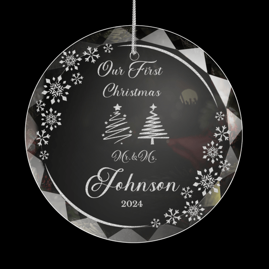 Engraved 'Our First Christmas' Glass Ornament | Personalized Round Crystal Keepsake with Gift Box | Elegant Christmas Decor 2024