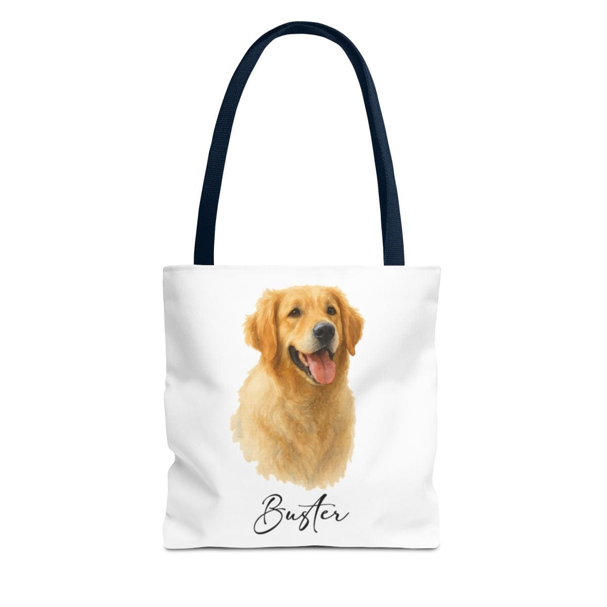 Tote bag with a golden retriever and name 'Buster' on a white background